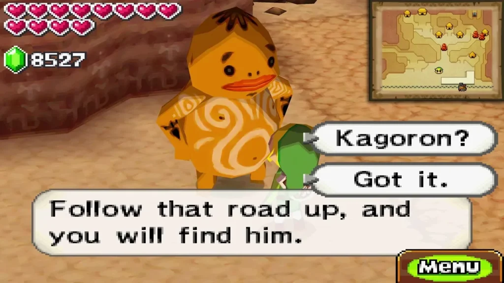 Goron villager pointing up the road to Kagoron as a Kagoron question box appears Goron villager pointing up the road to Kagoron as a Kagoron question box appears