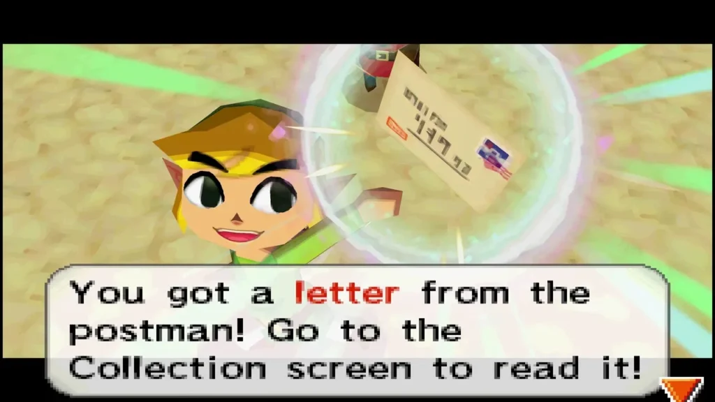 Link holding up a letter from the postman, with the box saying to read it on the Collection screen Link holding up a letter from the postman, with the box saying to read it on the Collection screen