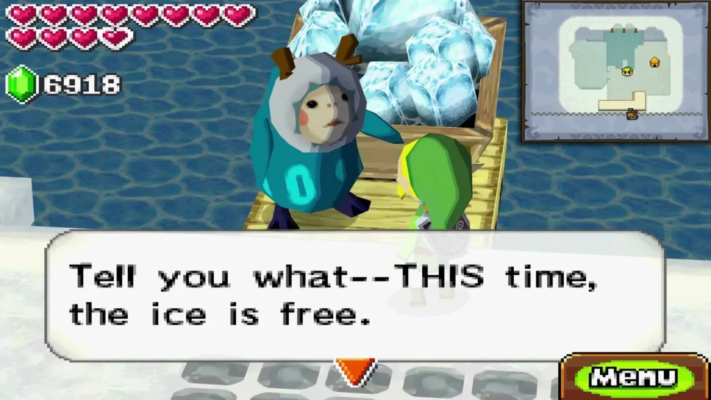 Noko on the dock telling Link the ice is free this time, with blocks of Mega Ice behind him Noko on the dock telling Link the ice is free this time, with blocks of Mega Ice behind him