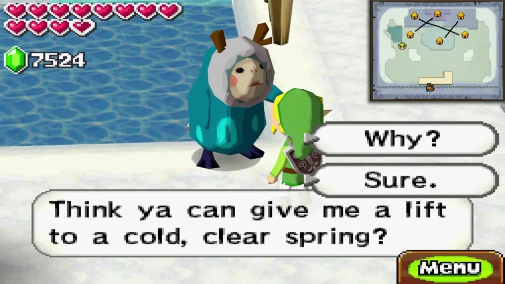 Noko asking Link for a lift to a cold, clear spring, with Why and Sure choices on screen Noko asking Link for a lift to a cold, clear spring, with Why and Sure choices on screen