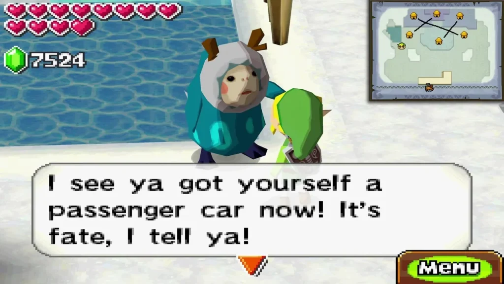 Teal-coated Anouki Noko at the frozen spring telling Link he has a passenger car now Teal-coated Anouki Noko at the frozen spring telling Link he has a passenger car now