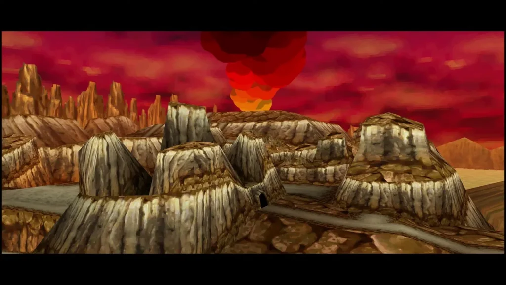 Rock spires and a volcano plume beneath a red sky on the Fire Realm rail route Rock spires and a volcano plume beneath a red sky on the Fire Realm rail route