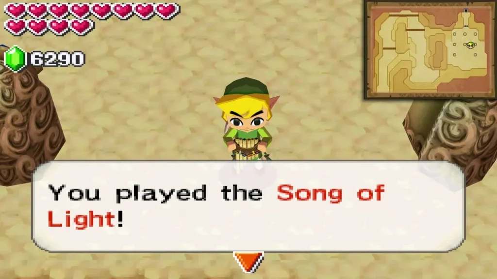 Link playing the Spirit Flute between the statues, with the box saying he played the Song of Light Link playing the Spirit Flute between the statues, with the box saying he played the Song of Light