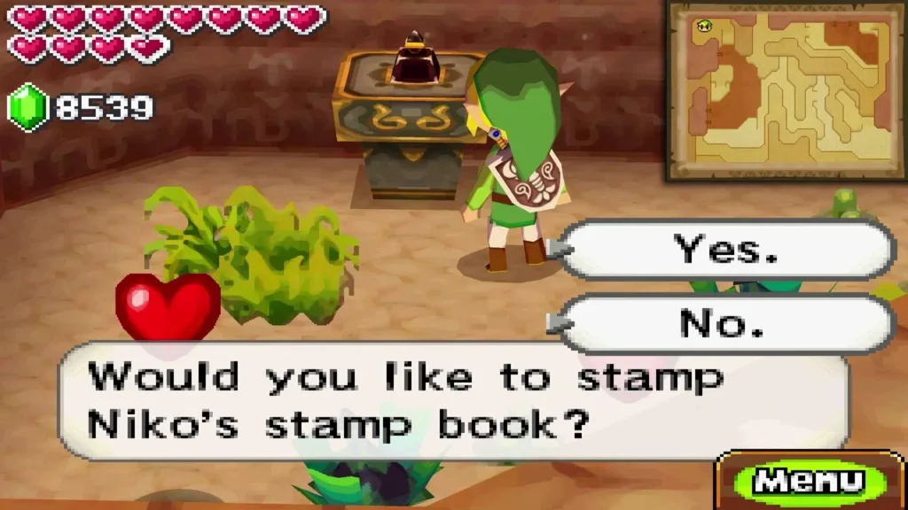 Link at a stamp station asked whether to stamp Niko's stamp book, with Yes or No choices Link at a stamp station asked whether to stamp Niko's stamp book, with Yes or No choices