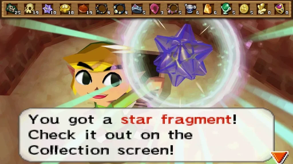 Link holding up a purple star fragment with the You got a star fragment message on screen Link holding up a purple star fragment with the You got a star fragment message on screen