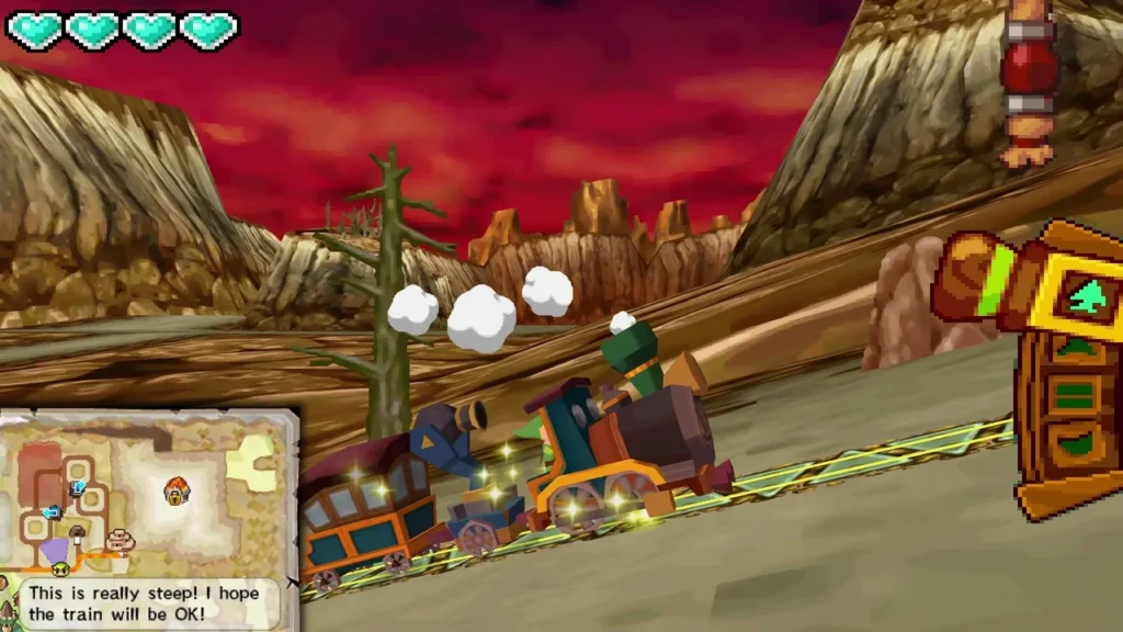 Spirit Train climbing a steep rail line as Zelda's warning appears in the text box Spirit Train climbing a steep rail line as Zelda's warning appears in the text box