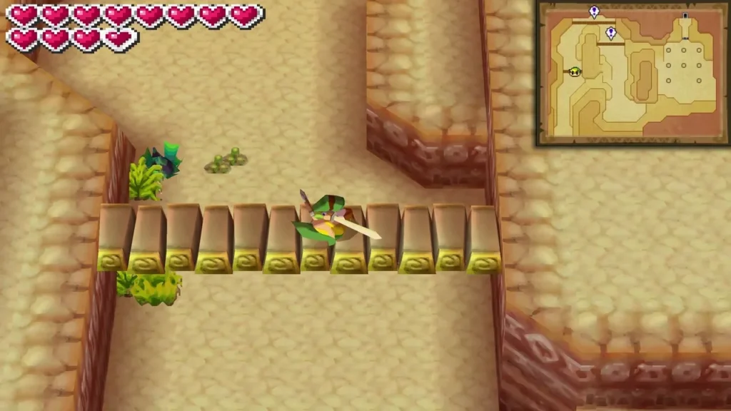 Link crossing a row of stone bridge planks in the Fire Realm cave Link crossing a row of stone bridge planks in the Fire Realm cave