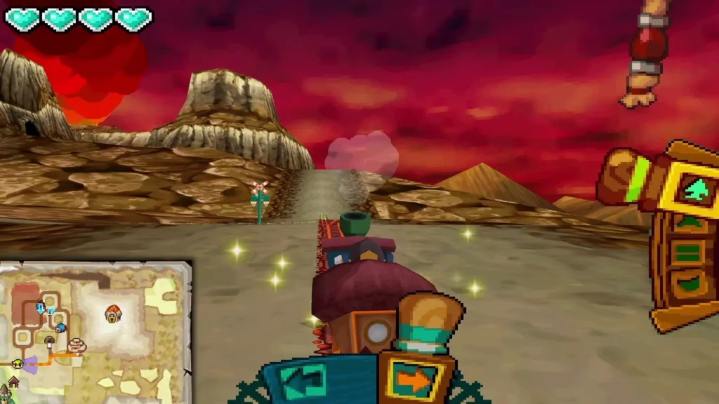 Link driving the Spirit Train along a rail track under a red sky in the Fire Realm Link driving the Spirit Train along a rail track under a red sky in the Fire Realm