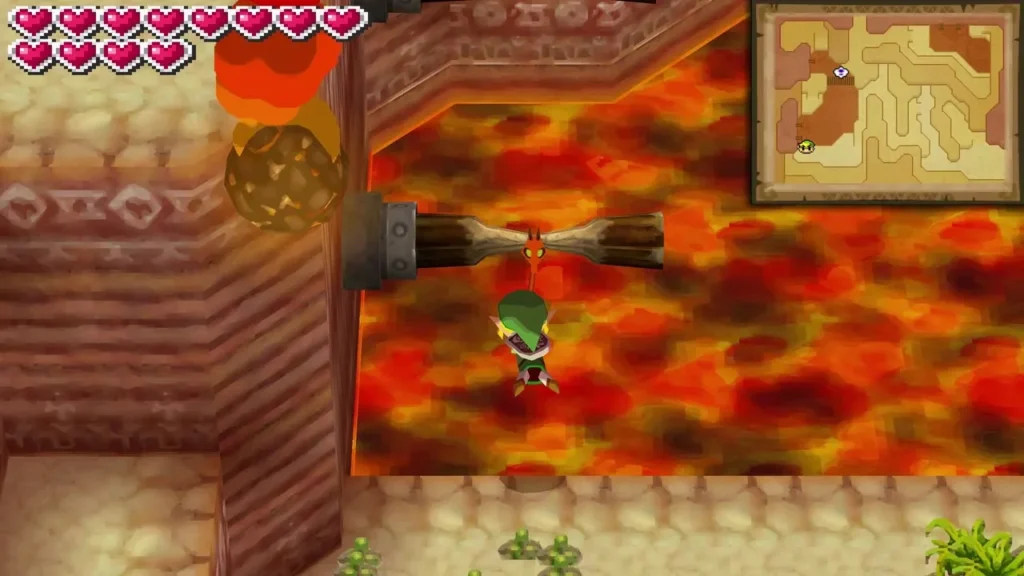 Link whipping across a lava channel toward a wooden pole on the road to the altar Link whipping across a lava channel toward a wooden pole on the road to the altar