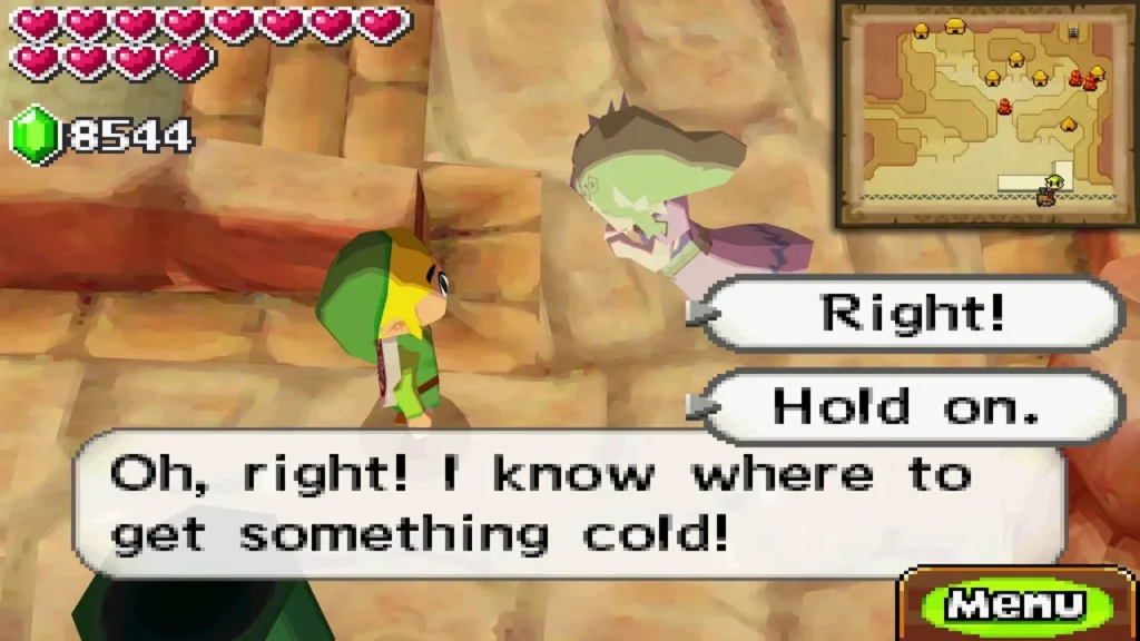 Zelda suggesting Link knows where to get something cold, with Right and Hold on choices Zelda suggesting Link knows where to get something cold, with Right and Hold on choices
