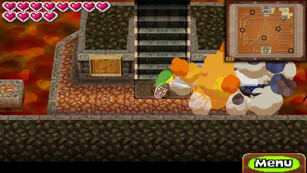 Link beside a bomb blast breaking a giant boulder at the foot of the stairs above the lava Link beside a bomb blast breaking a giant boulder at the foot of the stairs above the lava