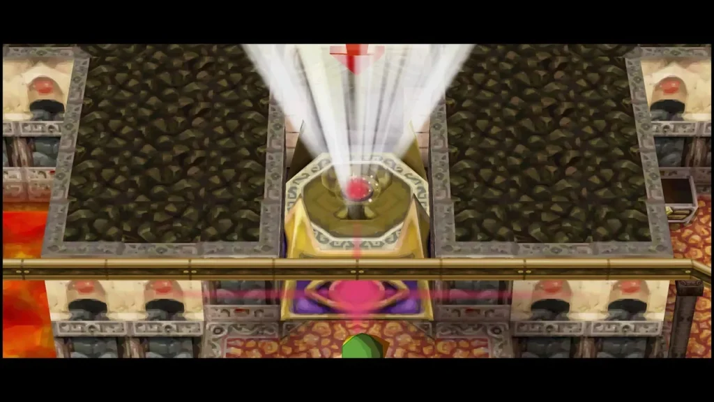 The Fire Temple boss door opening in a beam of light at the top of the stairs The Fire Temple boss door opening in a beam of light at the top of the stairs