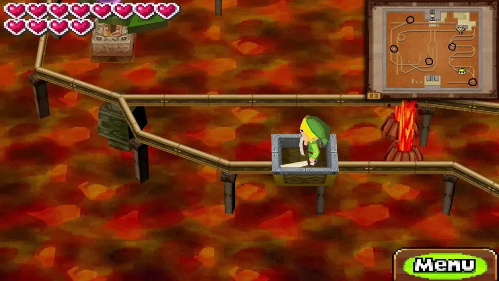 Link riding a mine cart over lava on the Basement 3 rails Link riding a mine cart over lava on the Basement 3 rails