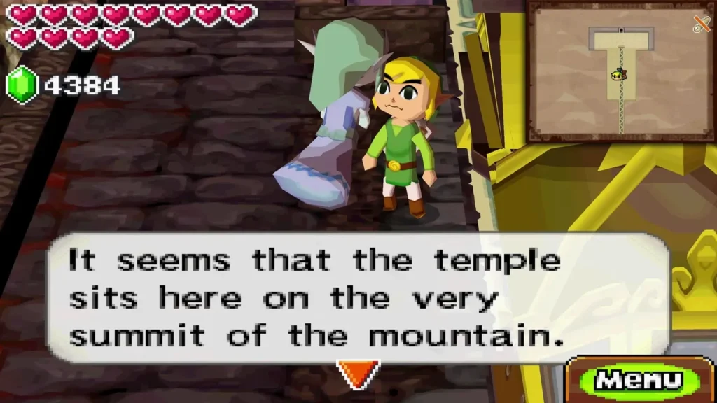 Link and his companion talking in the temple entrance, with a message about the mountain summit Link and his companion talking in the temple entrance, with a message about the mountain summit