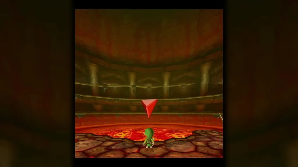 Link standing alone in the Fire Temple arena after Cragma has been defeated Link standing alone in the Fire Temple arena after Cragma has been defeated