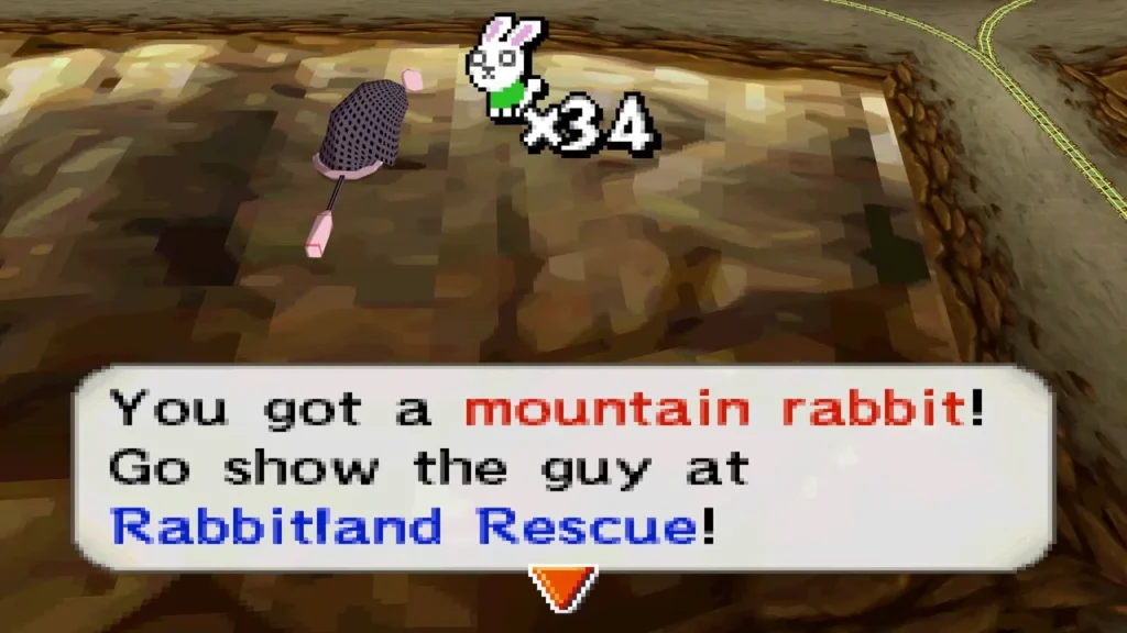 Link holding a caught mountain rabbit, with the message to take it to Rabbitland Rescue Link holding a caught mountain rabbit, with the message to take it to Rabbitland Rescue