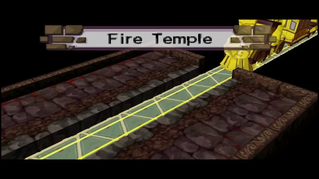 The Fire Temple title card over the rails at the temple station The Fire Temple title card over the rails at the temple station