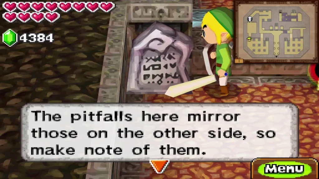 Link beside a stone sign in the pitfall room, reading that its pitfalls mirror those on the other side Link beside a stone sign in the pitfall room, reading that its pitfalls mirror those on the other side