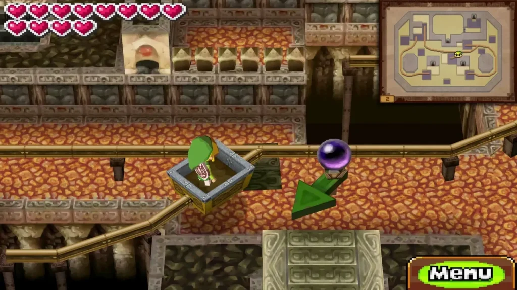 Link riding a mine cart on a track over lava beside a purple crystal switch Link riding a mine cart on a track over lava beside a purple crystal switch