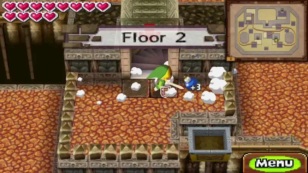 Link fighting skeleton enemies in a Floor 2 room of the Fire Temple Link fighting skeleton enemies in a Floor 2 room of the Fire Temple