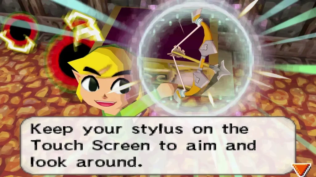 Link aiming the bow, with the tip to keep the stylus on the Touch Screen to aim Link aiming the bow, with the tip to keep the stylus on the Touch Screen to aim