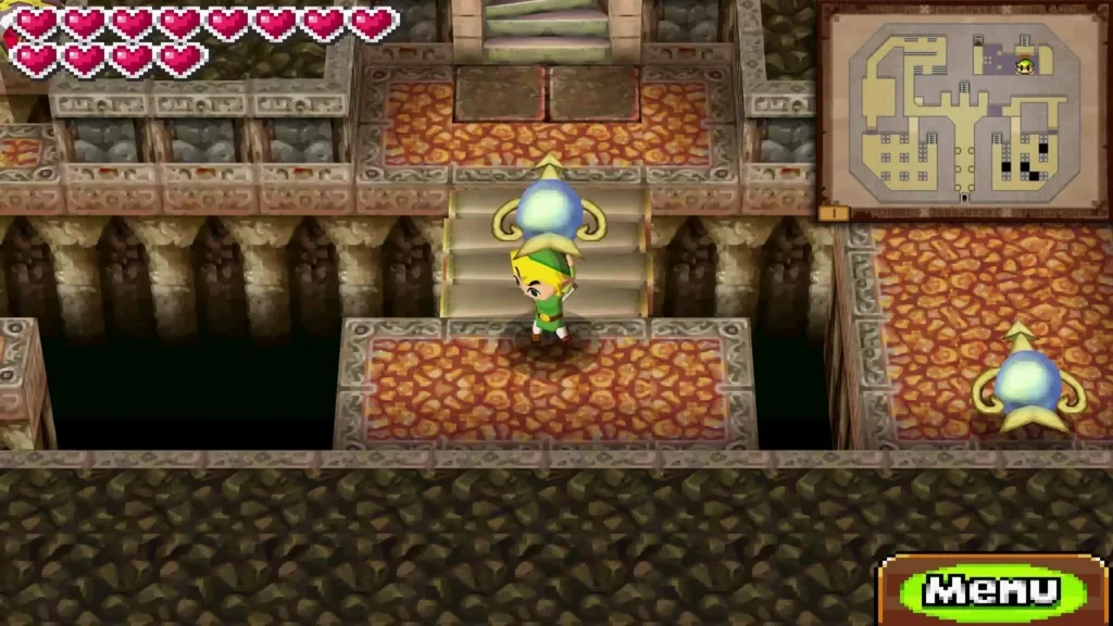 Link on a stone walkway beside a blue-gold orb Link on a stone walkway beside a blue-gold orb
