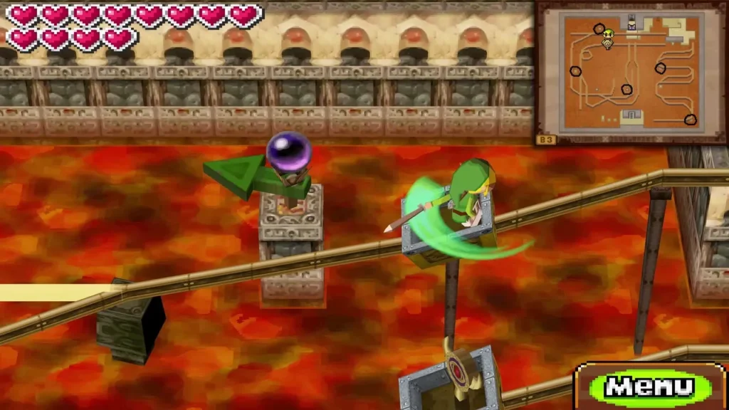 Link striking a purple switch on the Basement 3 rails over lava Link striking a purple switch on the Basement 3 rails over lava