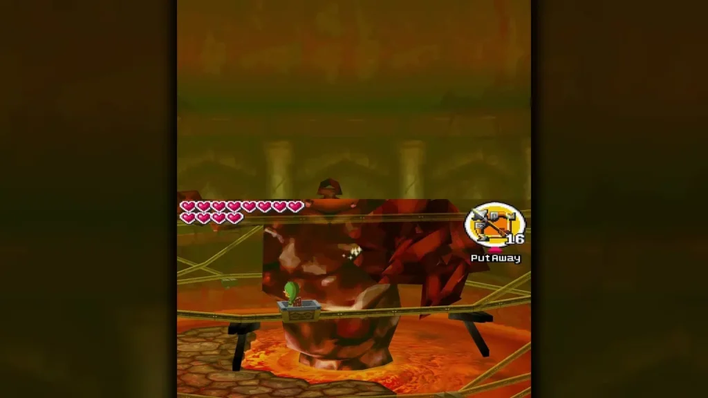Link riding a mine cart on the rail that circles Cragma above the lava Link riding a mine cart on the rail that circles Cragma above the lava
