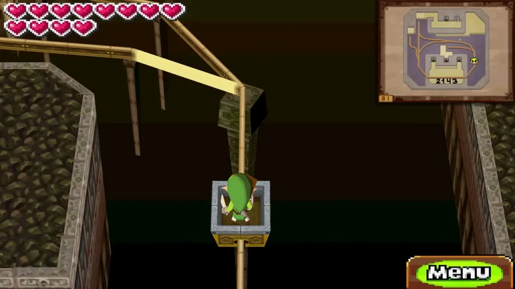 Link riding a mine cart up a rail through a dark shaft in the Fire Temple Link riding a mine cart up a rail through a dark shaft in the Fire Temple
