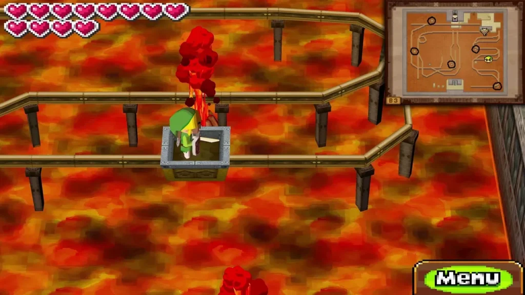 Link standing on a rail platform above a fire jet over the lava Link standing on a rail platform above a fire jet over the lava