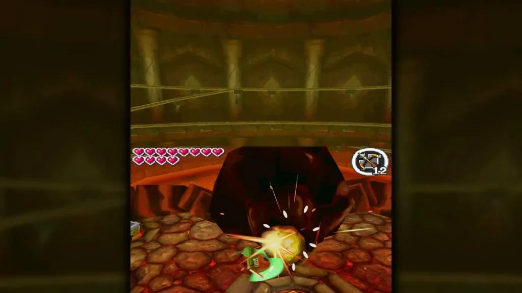 Link slashing a glowing weak spot on Cragma as he rises from the lava Link slashing a glowing weak spot on Cragma as he rises from the lava