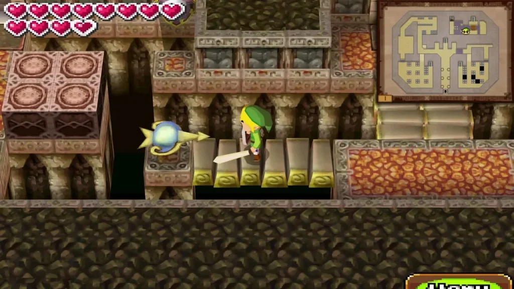 Link with his sword drawn beside a blue-gold orb on stone tiles Link with his sword drawn beside a blue-gold orb on stone tiles