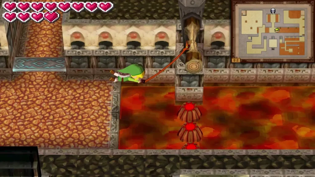 Link extending his Whip toward a pole above a lava channel in the Fire Temple Link extending his Whip toward a pole above a lava channel in the Fire Temple