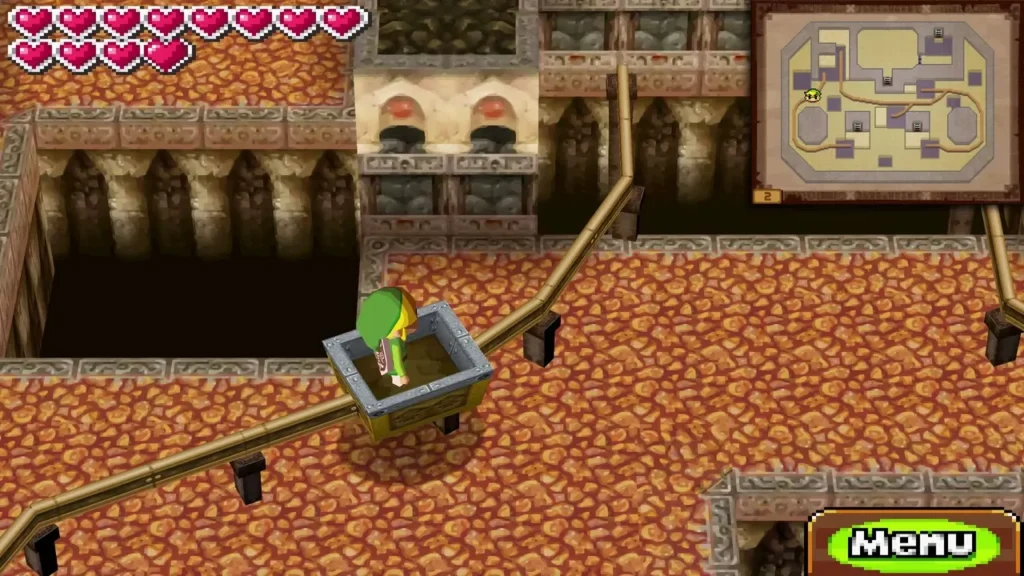 Link riding a mine cart along the rail over lava on Floor 2 of the Fire Temple Link riding a mine cart along the rail over lava on Floor 2 of the Fire Temple