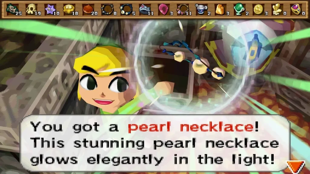 Link holding up a pearl necklace, with the message that it glows elegantly in the light Link holding up a pearl necklace, with the message that it glows elegantly in the light