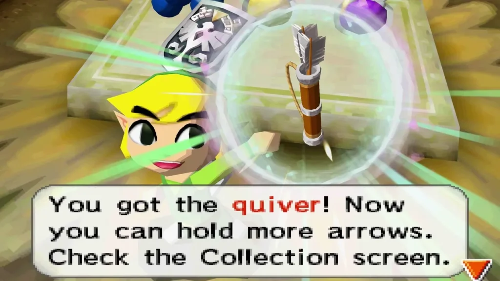 Link holding up the quiver, with the message that it lets him hold more arrows Link holding up the quiver, with the message that it lets him hold more arrows