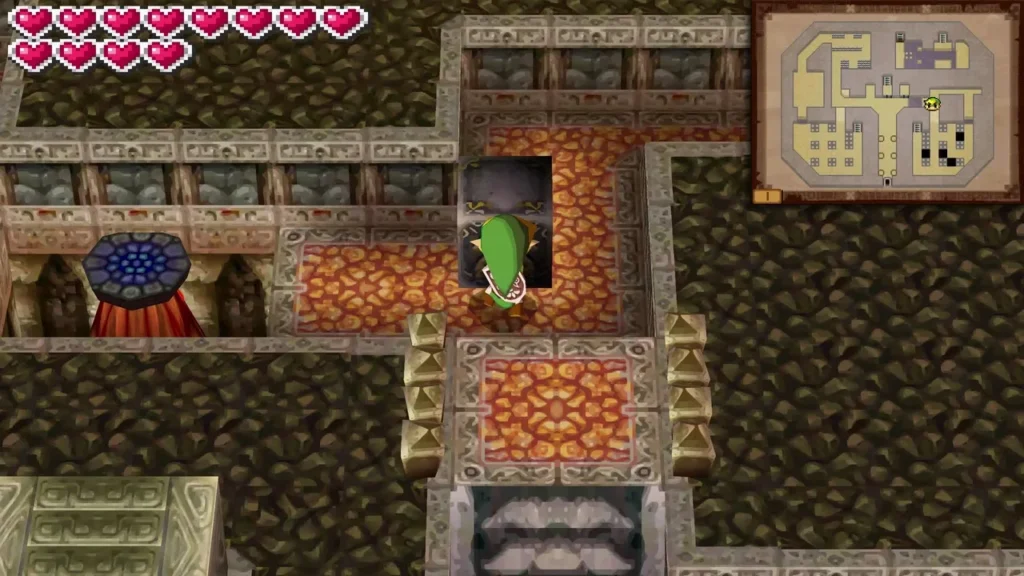 Link beside a round blue disc on a red fire jet in a Fire Temple room Link beside a round blue disc on a red fire jet in a Fire Temple room