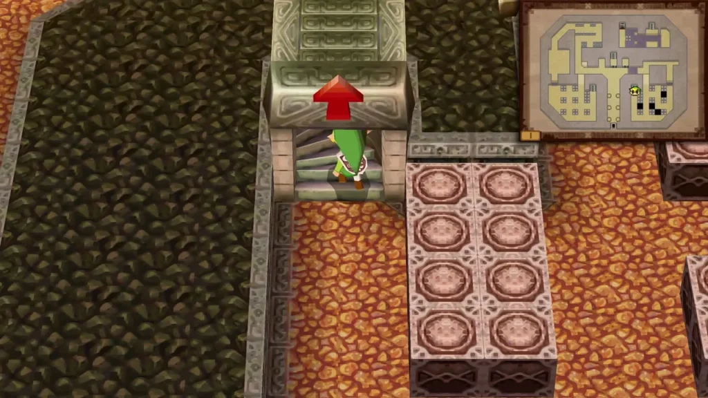 Link at the foot of stairs marked with a red arrow, leading up to Floor 2 Link at the foot of stairs marked with a red arrow, leading up to Floor 2
