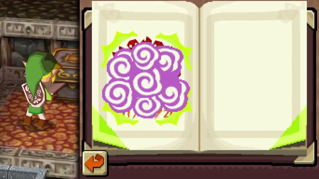 Link's stamp book open to a purple stamp beside a stone wall Link's stamp book open to a purple stamp beside a stone wall