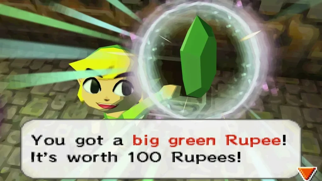 Link holding up a big green rupee, the message box reading It's worth 100 Rupees! Link holding up a big green rupee, the message box reading It's worth 100 Rupees!