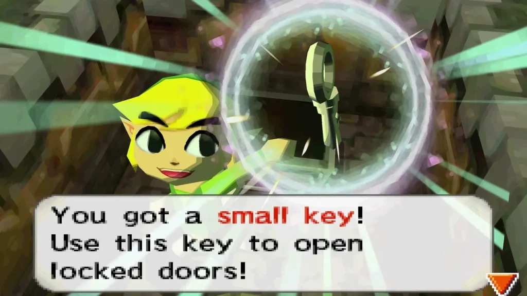 Link using the Whirlwind to blow out a small key, the message box reading that it opens locked doors Link using the Whirlwind to blow out a small key, the message box reading that it opens locked doors