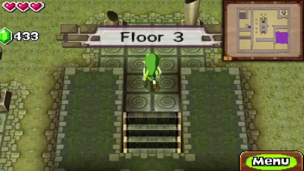 Link at the stairs as the Floor 3 banner appears above the temple room Link at the stairs as the Floor 3 banner appears above the temple room