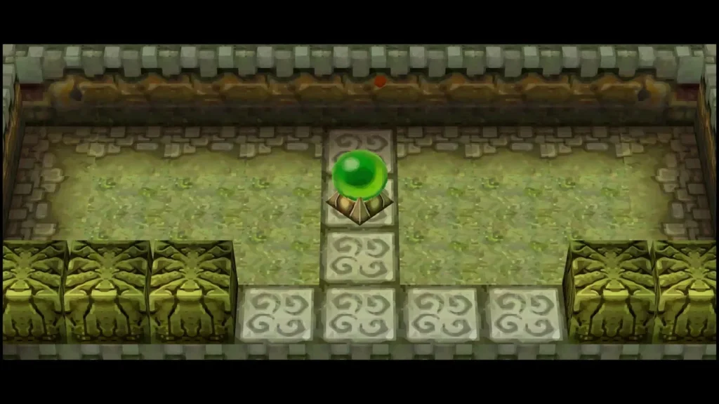 A glowing green orb on a stone pedestal between rows of bush-covered blocks A glowing green orb on a stone pedestal between rows of bush-covered blocks