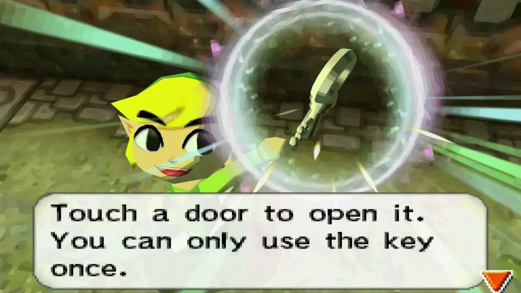 Link blowing the small key with the Whirlwind, the message box saying to touch a door to open it Link blowing the small key with the Whirlwind, the message box saying to touch a door to open it