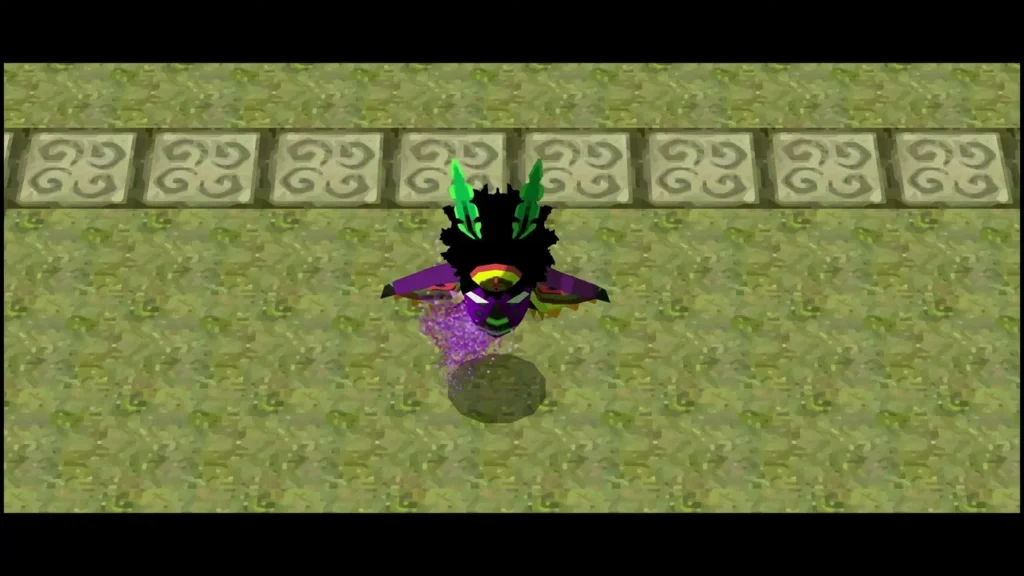 Mothula, a dark purple moth with a green crest, hovering in a patterned temple room Mothula, a dark purple moth with a green crest, hovering in a patterned temple room