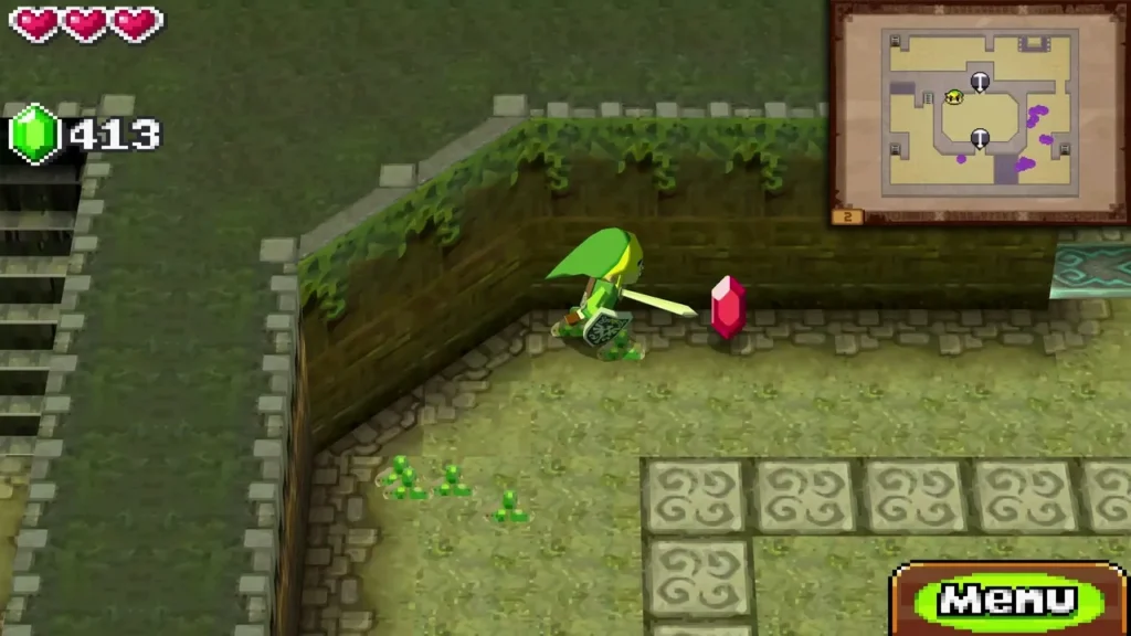 Link beside a red rupee on the temple floor, with the rupee counter reading 413 Link beside a red rupee on the temple floor, with the rupee counter reading 413