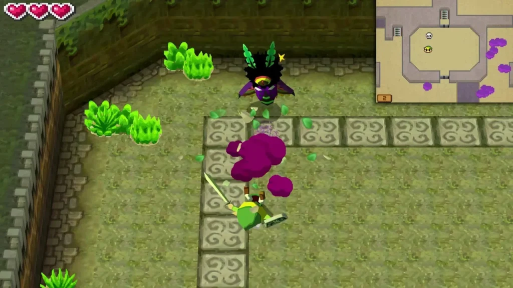 Link slashing with his sword at a purple gas cloud as Mothula hovers above it Link slashing with his sword at a purple gas cloud as Mothula hovers above it