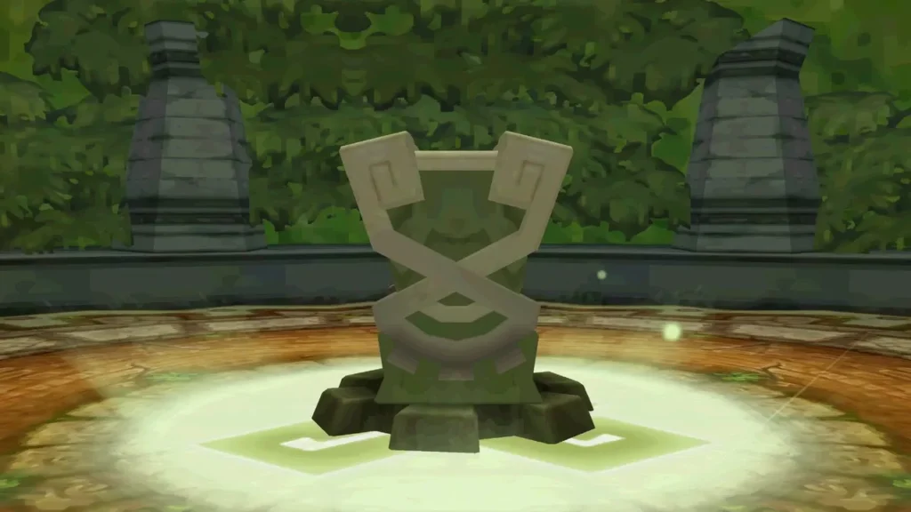 The plaza statue standing on its glowing green base in the Forest Realm temple grounds The plaza statue standing on its glowing green base in the Forest Realm temple grounds