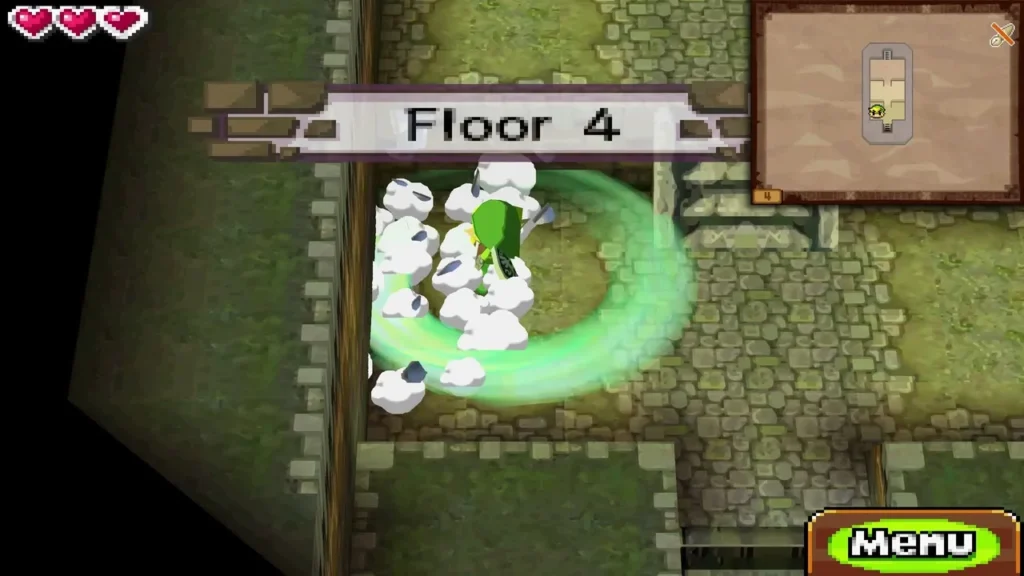 Link spinning his sword to smash white pots, a green swirl around him Link spinning his sword to smash white pots, a green swirl around him