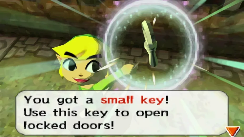 Link holding up a small key after the Whirlwind blew it, the message box reading You got a small key Link holding up a small key after the Whirlwind blew it, the message box reading You got a small key